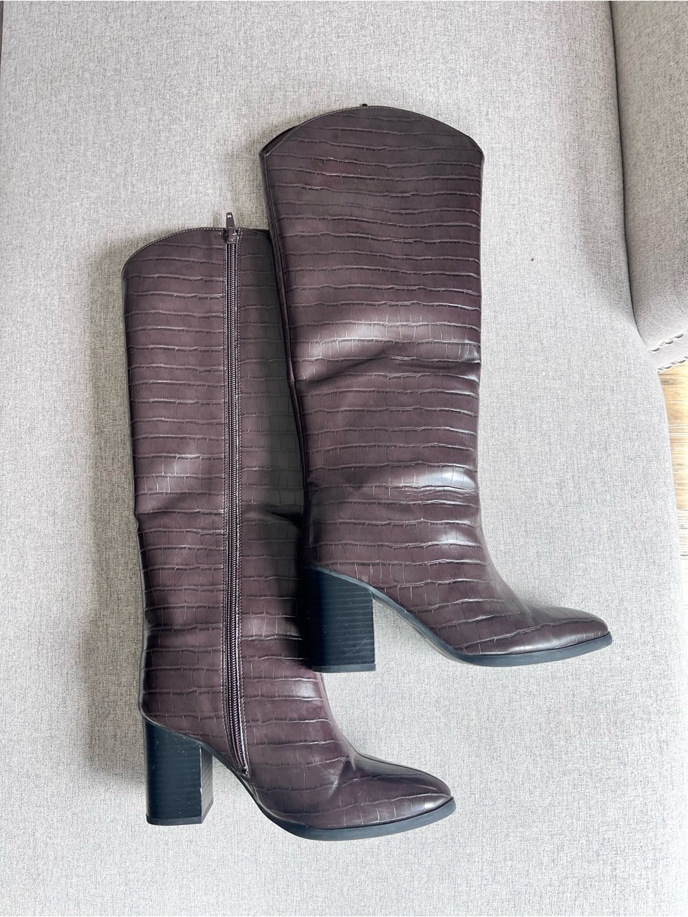 a new day Dark Brown Croc-Embossed Mid-Calf Block Heel Boots